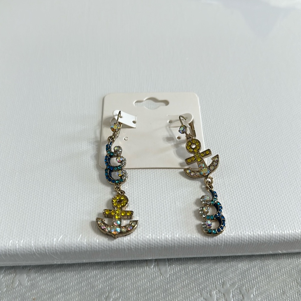 Betsey Johnson dangled earrings with jeweled anchor and wave, gently worn